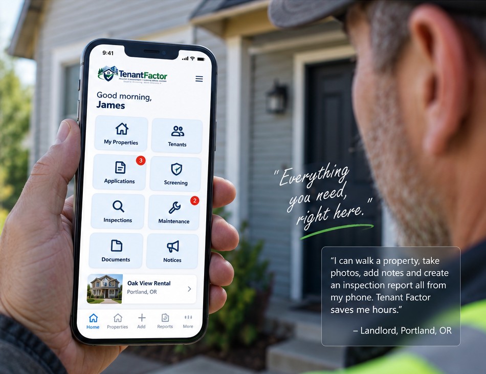 Landlord using Tenant Factor on a phone while walking a rental property